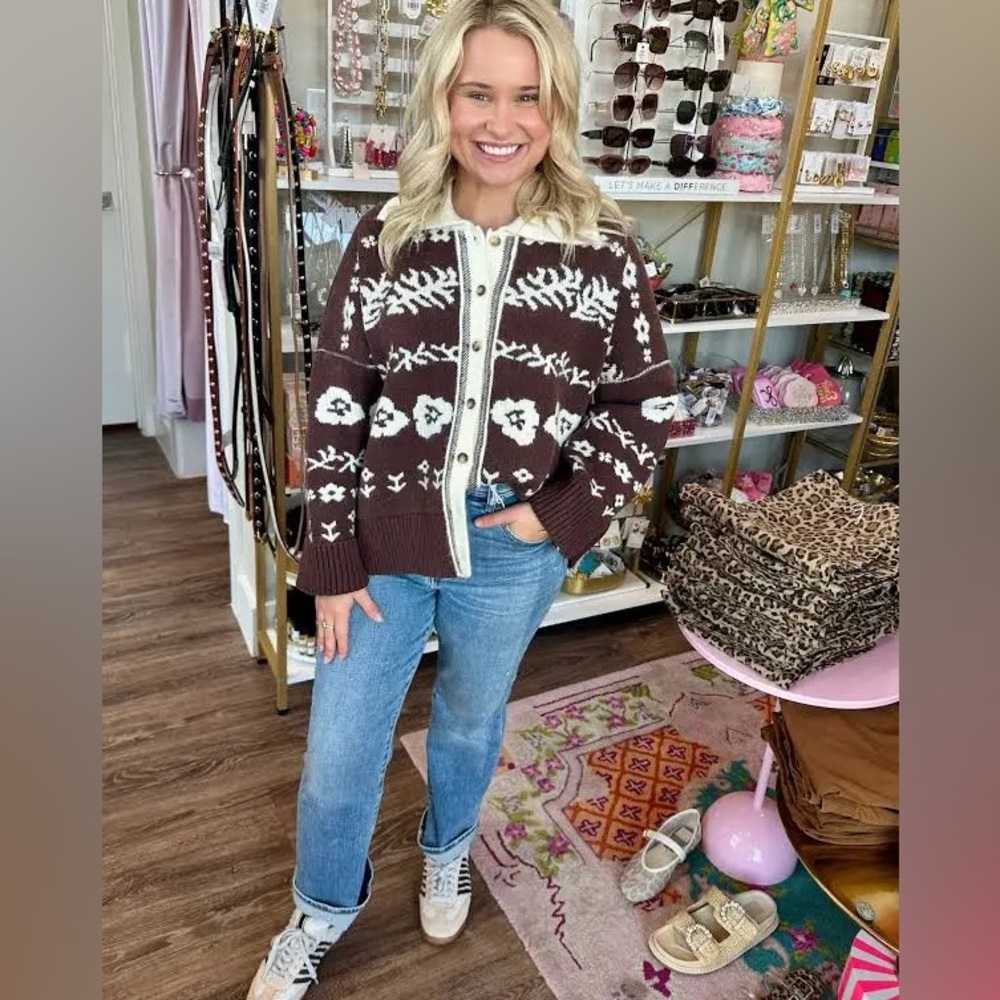 Free People Shelby Cardigan in Chocolate S Cozy Jacquard Knit Boxy Sweater - Picture 16 of 16